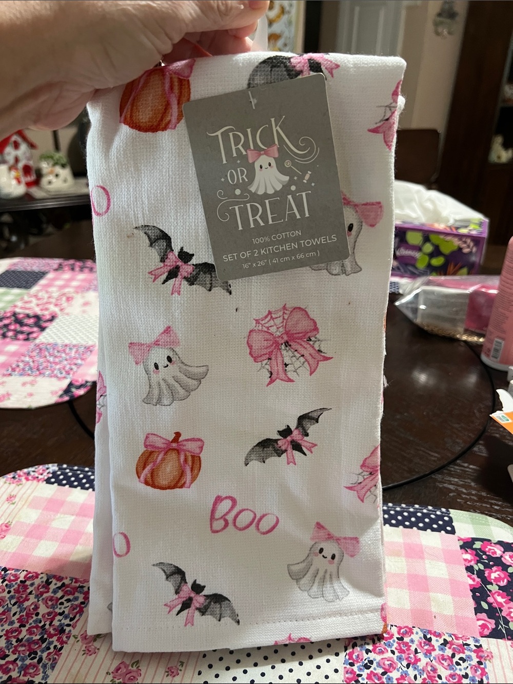 New Trick or Treat Halloween Kitchen Towel - Pink Accents